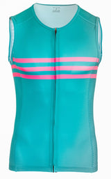 Sleeveless Cycling Jersey with pockets in Green with pink stripes