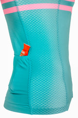 Sleeveless Cycling Jersey with pockets in Green with pink stripes