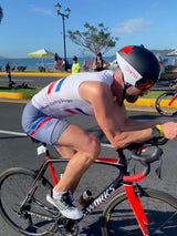 Sleeveless Cycling Jersey in white with blue and red stripes