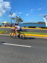 Sleeveless Cycling Jersey in white with blue and red stripes