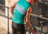 Sleeveless Cycling Jersey with pockets in Green with pink stripes