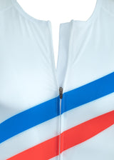 Sleeveless Cycling Jersey in white with blue and red stripes